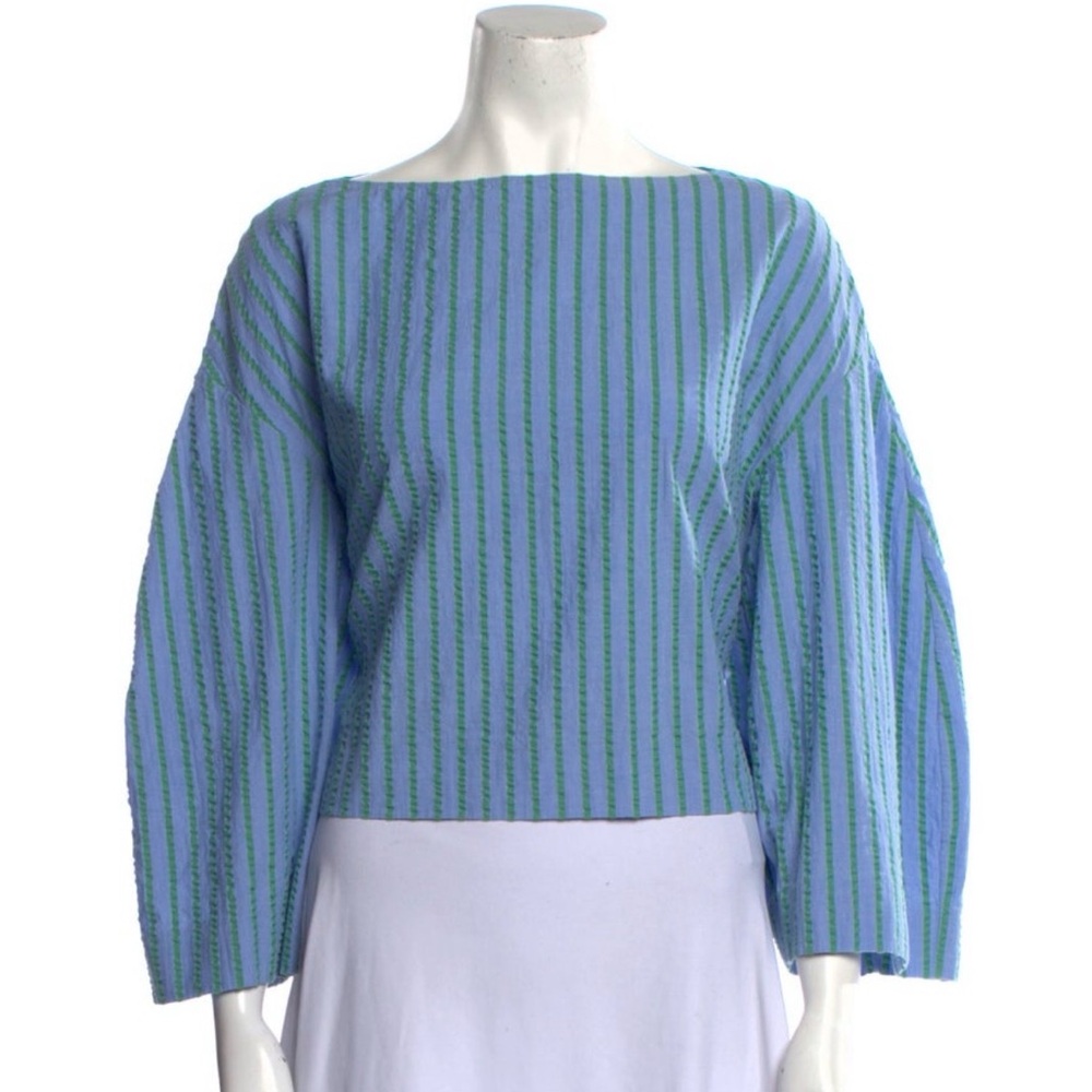 Rosie Assoulin Striped Seersucker Bell Sleeve Top